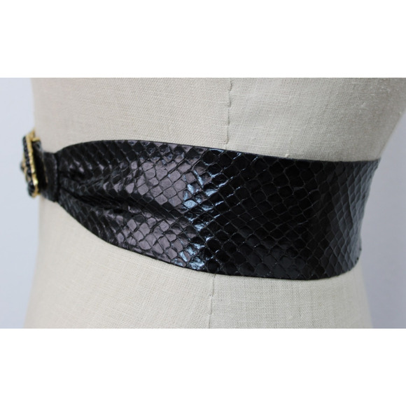 Vintage 80s Morris Moskowitz Black Snake Skin Wide Leather Belt & Buckle M main image 12